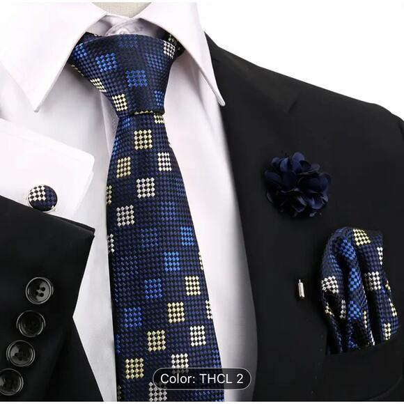 Men’s Silk Coordinated Tie Set - Blue with Blue White Squared - Picture 1 of 3